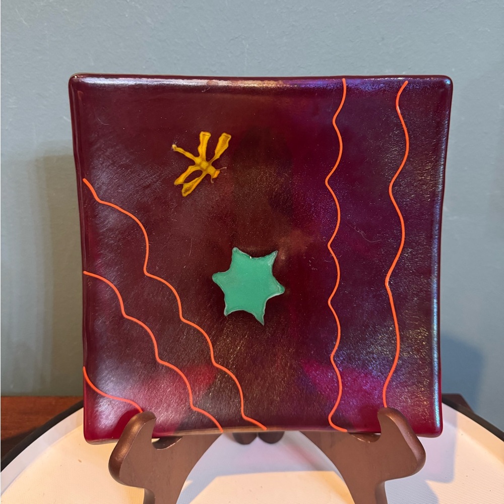Purple / Red Iridescent Fused Art Glass Decorative Plate, Dragonfly & Star